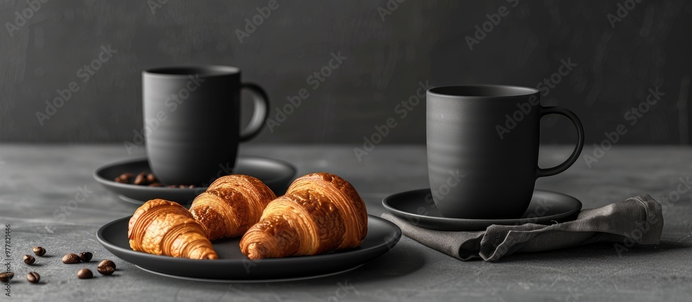 Poster three mugs of black coffee three pastries on a plate and two croissants. copy space image. place for