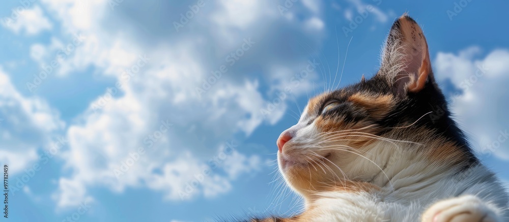 Poster adorable calico cat and bright sky blue. copy space image. place for adding text and design