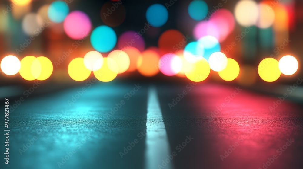 Poster dynamic montage presentation background with multicolored bokeh lights on asphalt road for conceptua