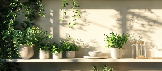 Green plants on the kitchen shelf. Copy space image. Place for adding text and design