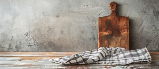 Cutting board resting on a towel on a wooden kitchen table Cutting board and kitchen towel on a cement surface Menu food card or recipes background idea MOCKUP Design Area for text copyspace