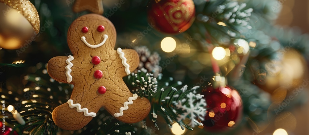 Poster gingerbread man cookie and ornaments on a christmas tree with a christmas background and selective f