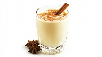 A glass of rich eggnog with a cinnamon stick, isolated on a clean white background to emphasize the festive, creamy drink