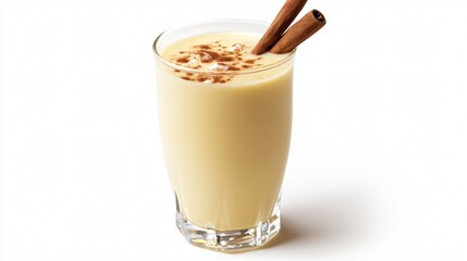 A glass of rich eggnog with a cinnamon stick, isolated on a clean white background to emphasize the festive, creamy drink