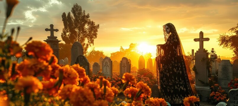 La Catrina in Cemetery at Sunset - Day of the Dead Concept for Poster, Card, or Print Design