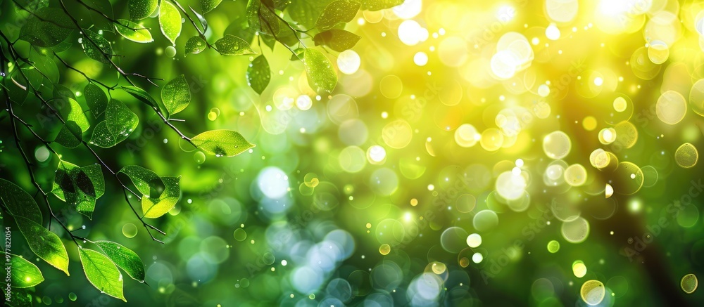 Poster blurred image of abstract bokeh in green tree colors for a summer background. copy space image. plac
