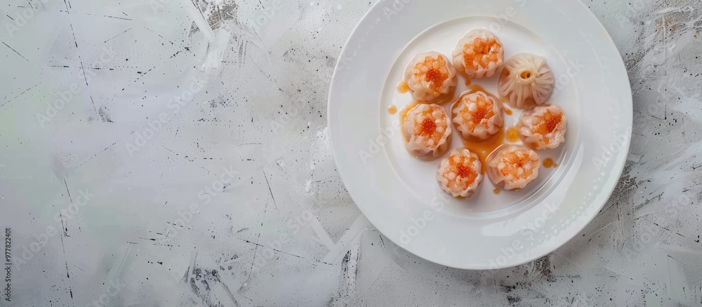 Poster shrimp chicken dim sum on a white plate on the table focused selective top view. copy space image. p