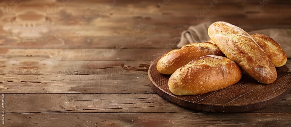 Poster various types of french bread on a wooden table. copy space image. place for adding text and design