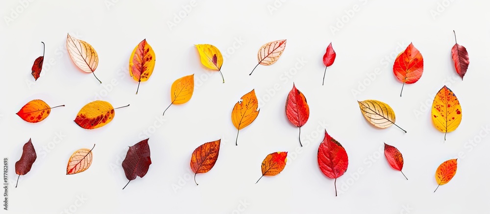 Poster flat lay of autumn leaves arranged on a white background top view with copyspace isolated vibrant fa