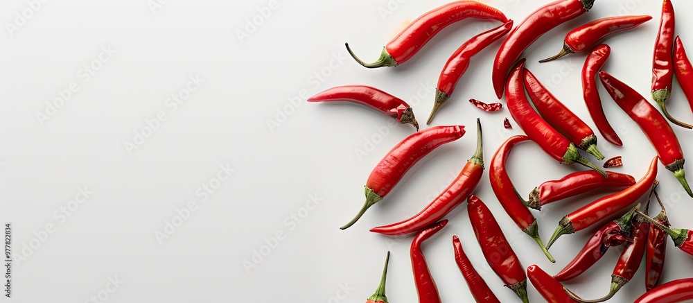 Poster numerous red chilies on a white background with an isolated backdrop and copyspace