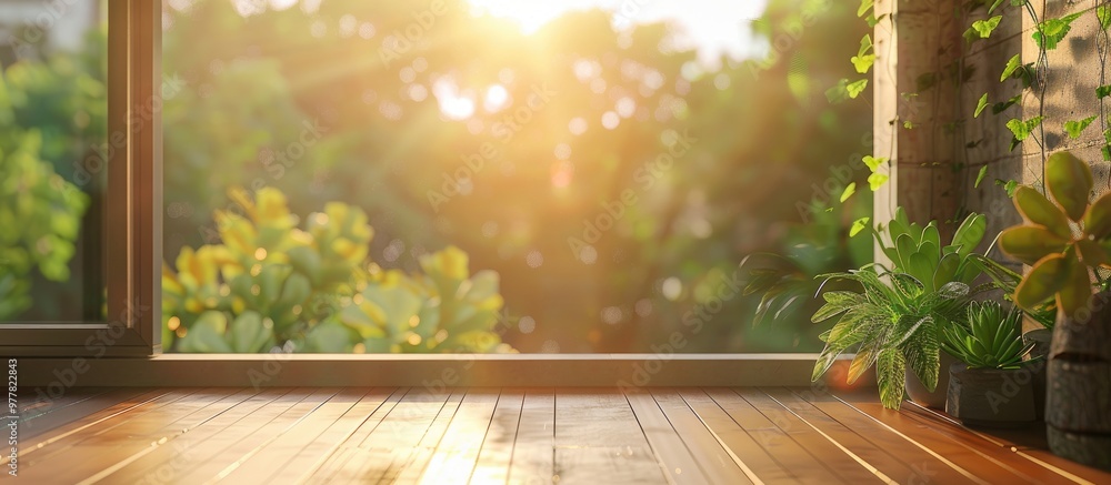 Poster balcony and terrace with a blurred nature backdrop. copy space image. place for adding text and desi
