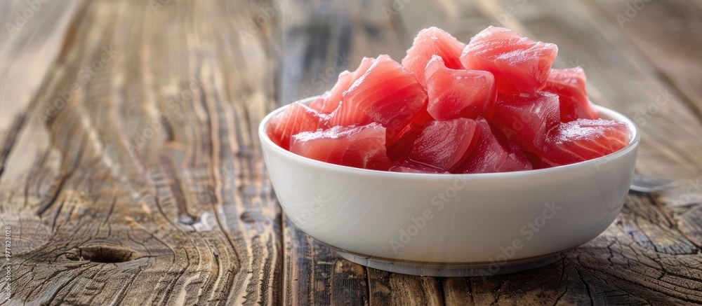 Aufkleber canned tuna in a white bowl placed on a wooden table shallow focus. copy space image. place for addi