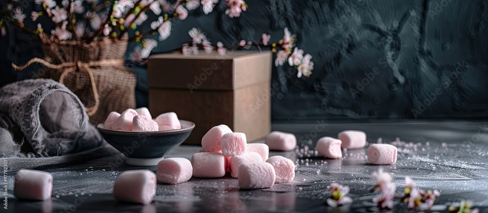 Poster delicate berry marshmallows zephyr placed in front of a box of treats on a dark table. copy space im