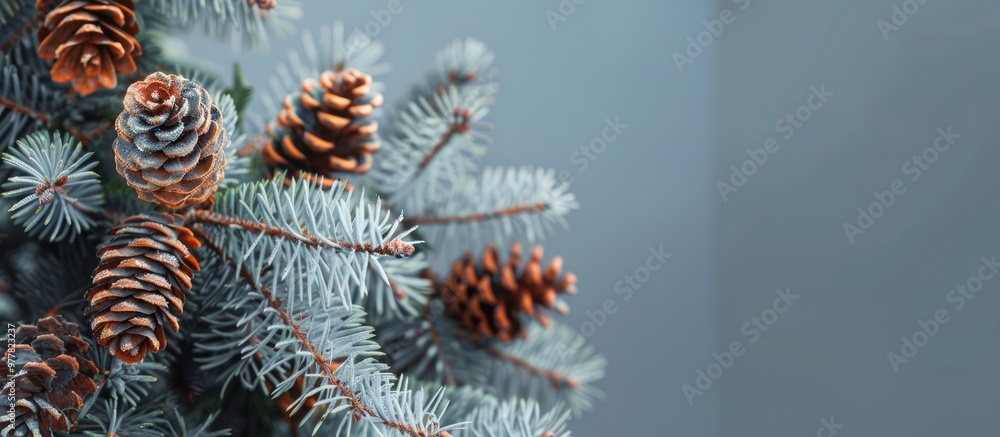 Poster pine cones on the top of the fir tree. copy space image. place for adding text and design