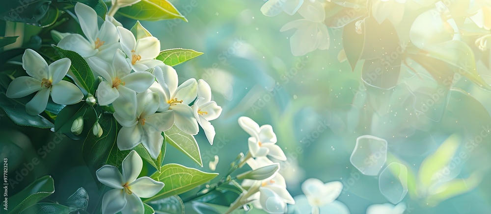 Poster jasmine blooms in the garden. copy space image. place for adding text and design