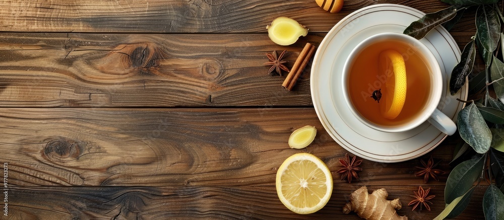 Poster a cup of ginger tea with lemon honey and spices on a rustic wooden surface with copy space top view