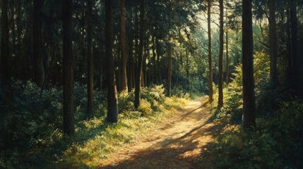 Sunlight Illuminating a Path Through a Dense Forest