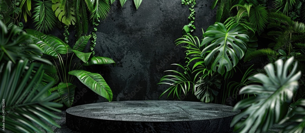 Poster empty black stone platform surrounded by lush plants against a dark background. copy space image. pl