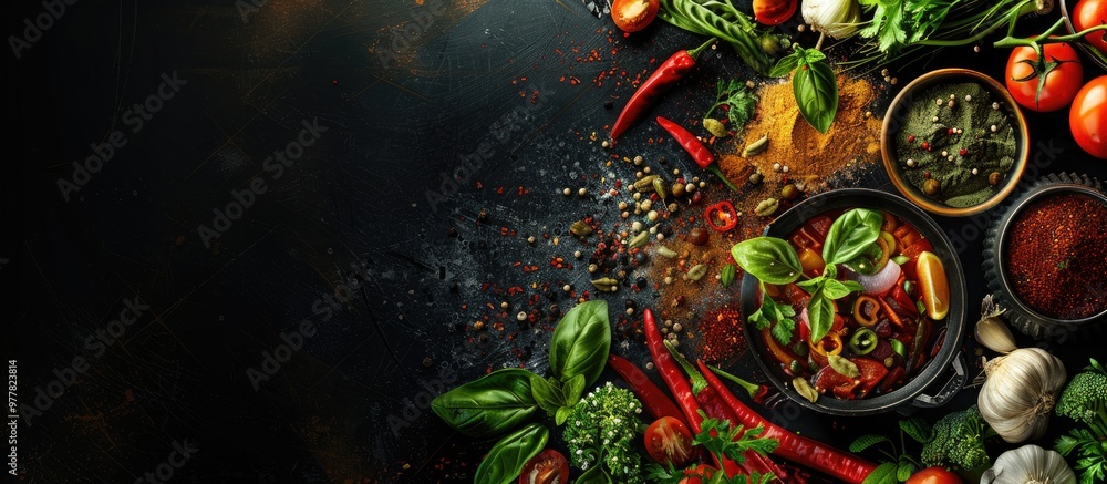 Canvas Prints Food background featuring fresh vegetables and a variety of spices Cooking concept Top view. Copy space image. Place for adding text and design