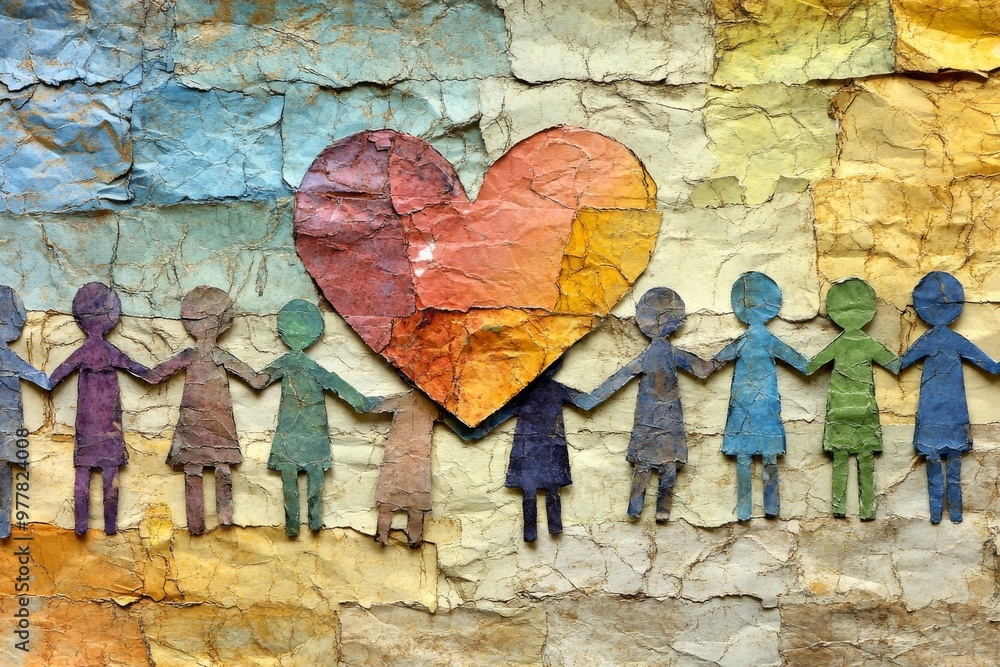 Aufkleber stone wall background with a colorful heart and paper cut figures symbolizing resilience love and un