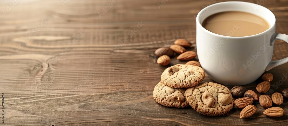 Poster coffee accompanied by cookies and almonds. copy space image. place for adding text and design