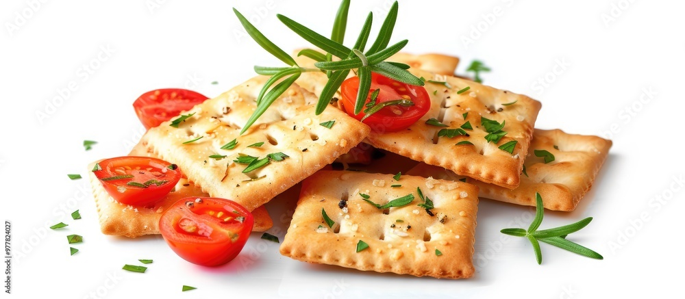 Aufkleber snack crackers topped with herbs and tomatoes isolated on a white background. copy space image. plac