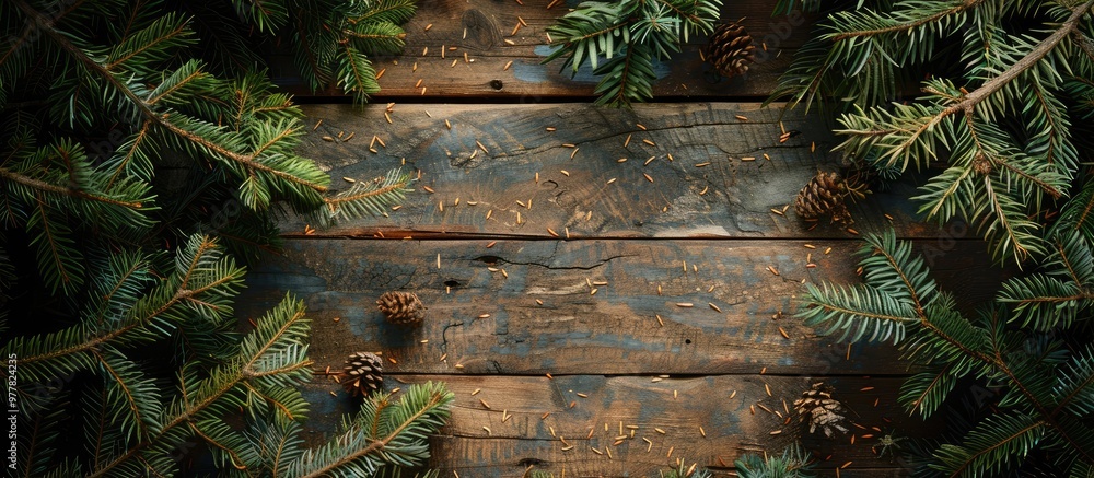 Poster vintage frame made from a branch of a christmas tree on aged wood. copy space image. place for addin