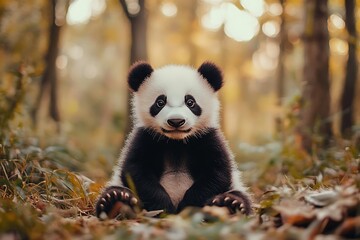 Obraz premium Adorable baby panda cub sitting in forest with cute expression. Wildlife photography for animal lovers, conservation, and nature