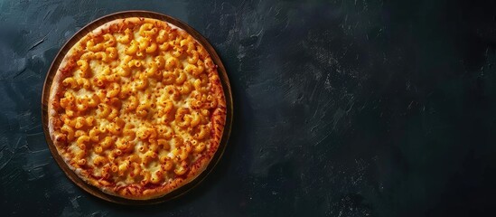 Trendy hybrid food Mac and cheese pizza on a dark background Top view copyspace