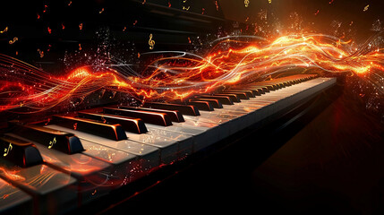 Illuminated Piano Keys with Flowing Music Notes