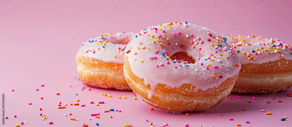 Wall mural Two fresh sweet donuts topped with sugar icing and sprinkles on a pink background. Copy space image. Place for adding text and design