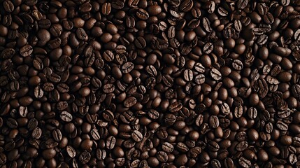 Top view background of aromatic brown coffee beans scattered on surface