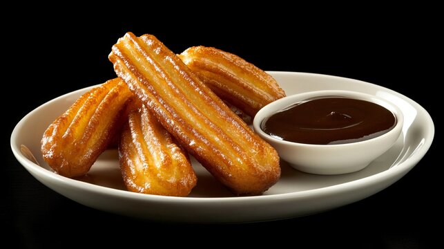 A plate of milk-based churros with a side of chocolate sauce, isolated on a matte black background for a striking, high-contrast presentation