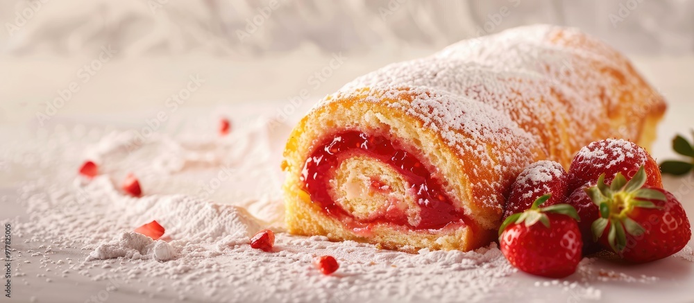 Poster vanilla roll cake filled with strawberry jam and sprinkled with powdered sugar. copy space image. pl