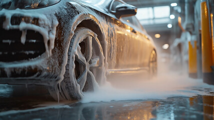 Car wash with foam soap, where a high-pressure vehicle washer machine sprays foam onto the car