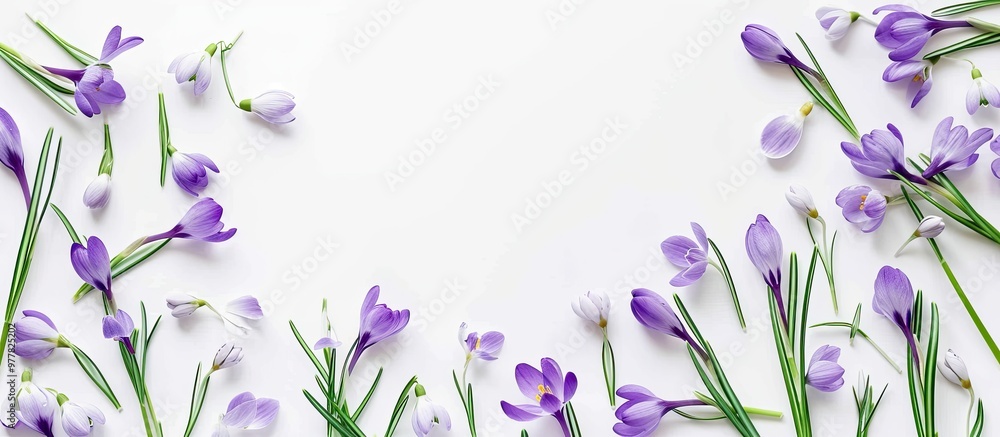 Poster arrangement of lovely spring snowdrop flowers and violet crocuses on a white background with room fo