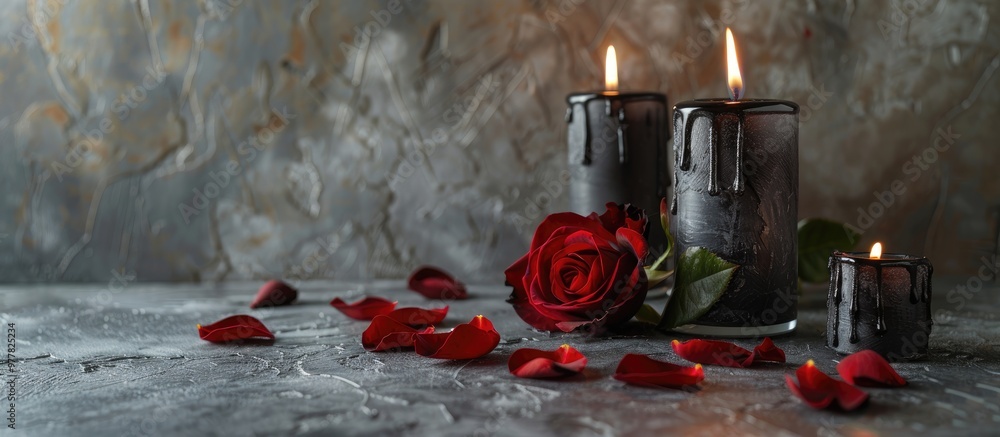 Poster red rose petals and burning black candles on a gray textured background selective focus space for te
