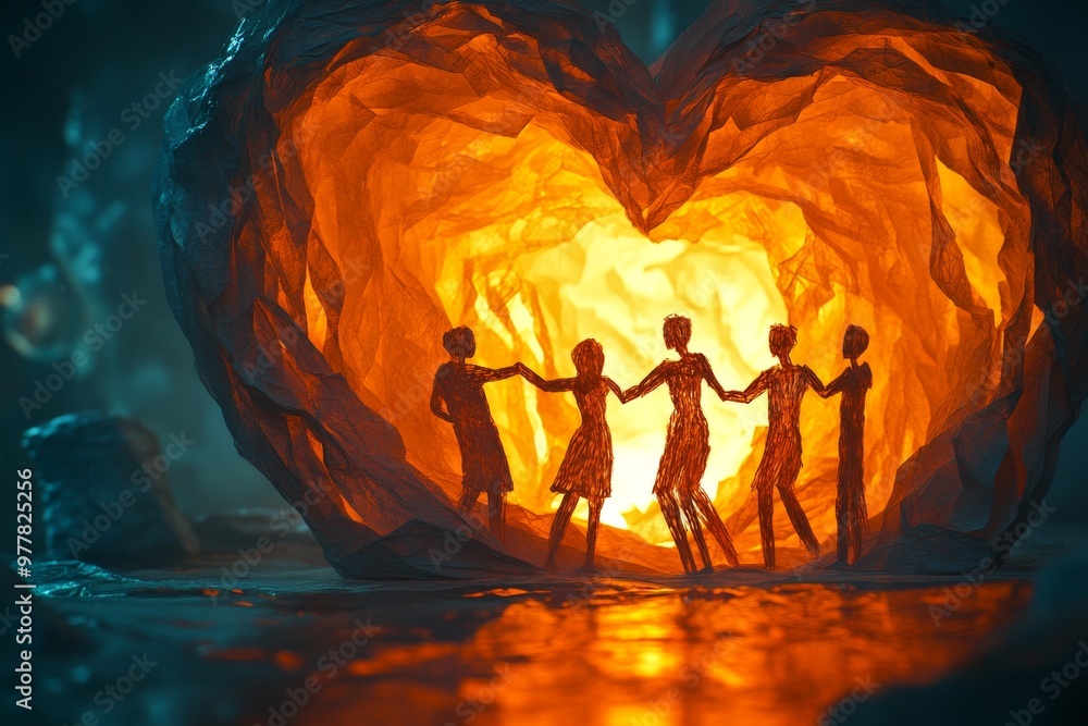 Poster a group of silhouettes standing in a glowing heart shaped cave symbolizing the power of unity and sh