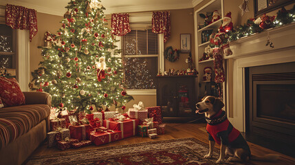 A festive living room filled with Christmas decorations and gifts under the tree with a dog wearing a holiday sweater nearby.