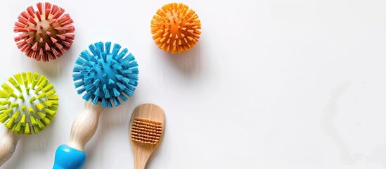 Pet brush and ball toys on a white backdrop. Copy space image. Place for adding text and design