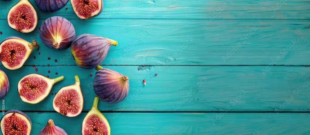 Aufkleber top view of fresh figs on a turquoise wooden table background healthy snack and food. copy space ima