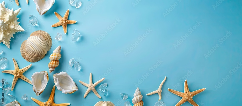 Poster sea shells and starfish shaped frame blue background concept for hello summer top view with copy spa