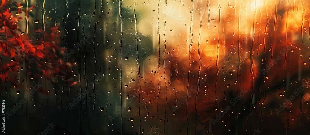Poster autumn rainfall writing on moist glass. copy space image. place for adding text and design