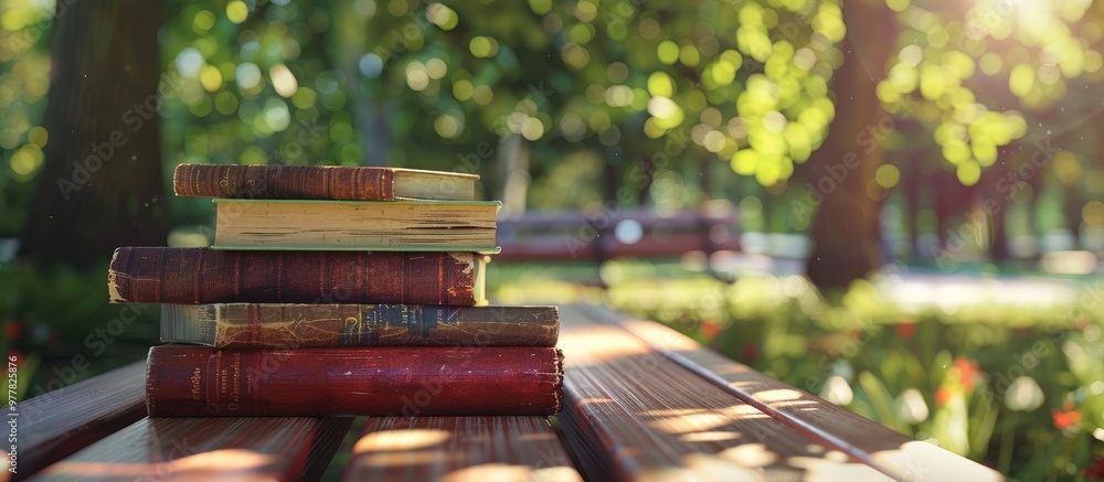 Aufkleber stack of books on the bench in the school park. copy space image. place for adding text and design