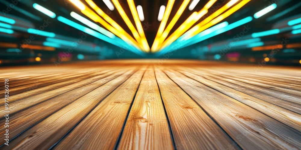 Poster dynamic wooden pathway presentation background with green lights symbolizing progress and developmen