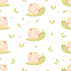 Seamless pattern with cute snails and flowers. Spring and summer seamless pattern. Vector illustration in flat style