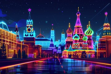 Vivid artistic illustration of Moscow, Russia at sunset