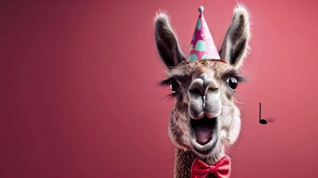 a llama wearing a party hat and bow tie, singing joyfully with musical notes 