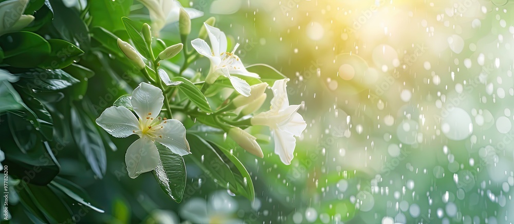 Aufkleber closeup of blooming jasmine flowers on a summer day following rainfall. copy space image. place for 