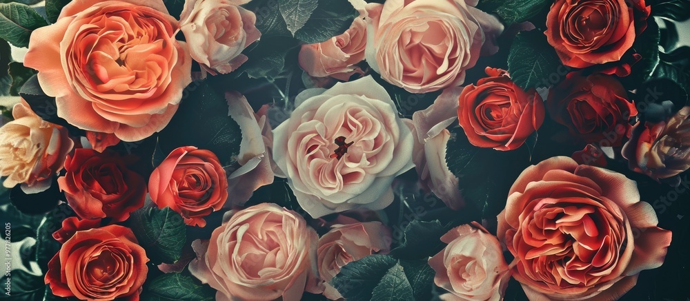 Poster blank design frame label over a background of soft roses in a vintage color tone. copy space image. 